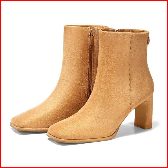 Women's Square Toe Ankle Boots Chunky Heel Side Zipper Faux Suede